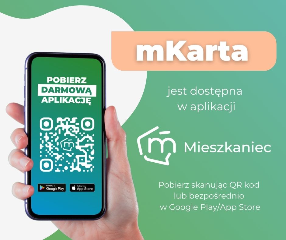 Grafika pobierz darmową aplikację, kod QR w telefonie, napis mKarta