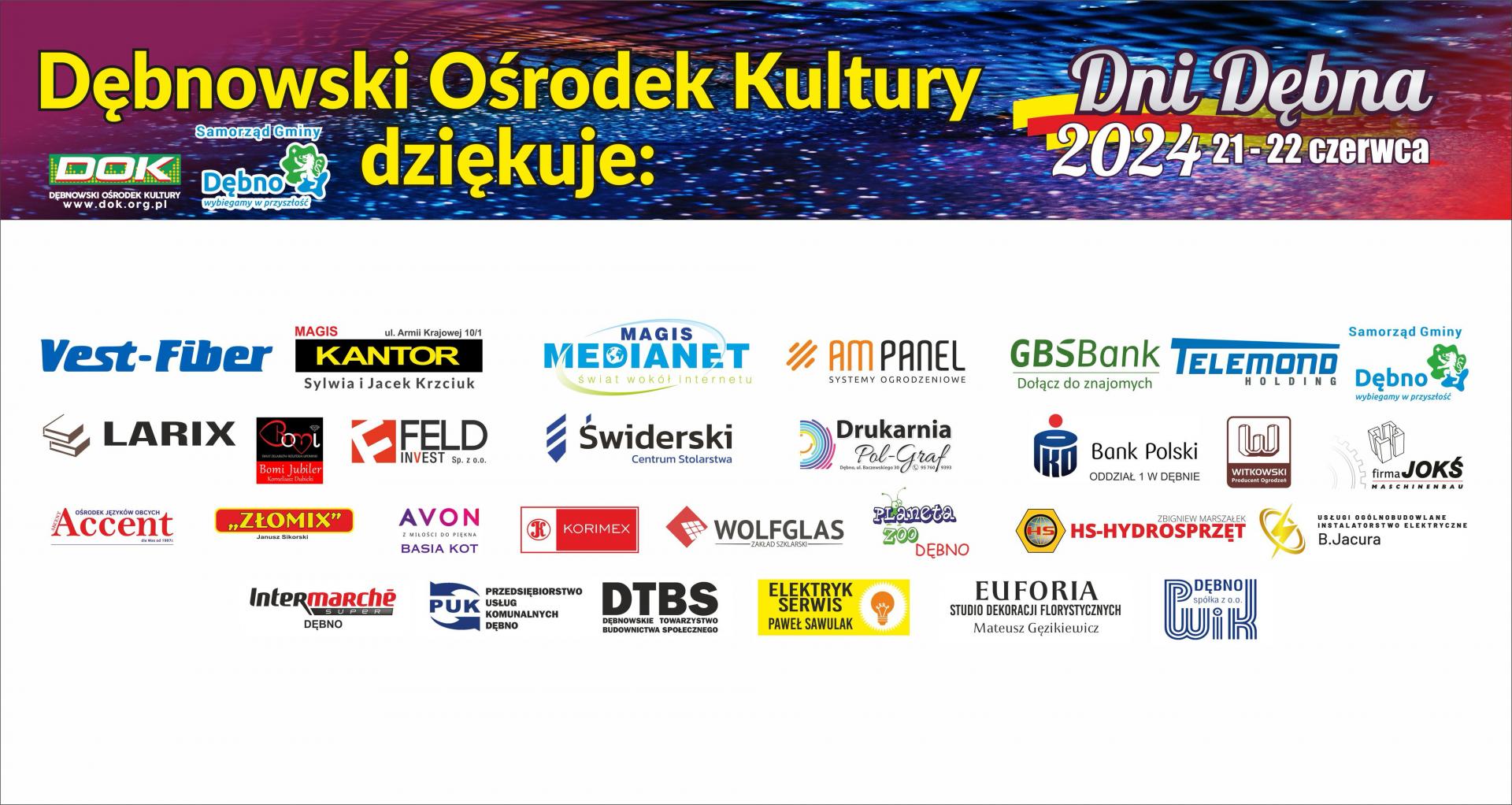 Baner napis DOK dziękuję pod spodem szereg log sponsorów 