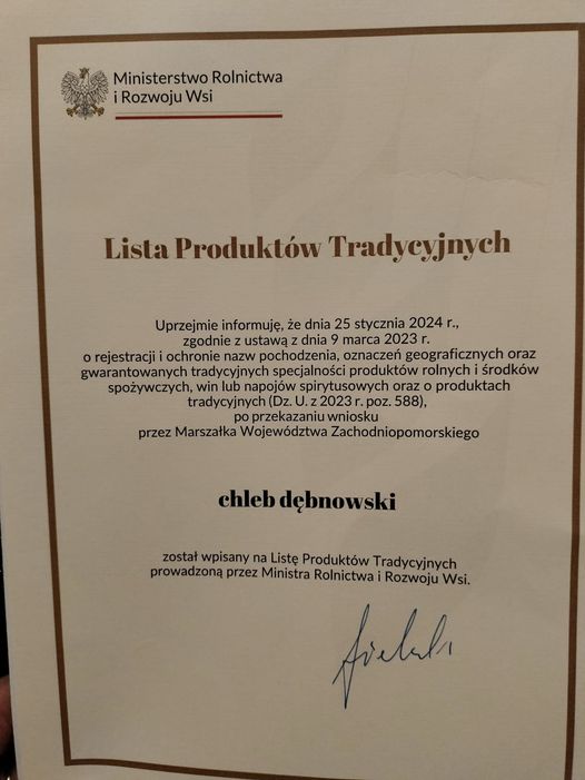 List Ministerstwa Rolnictwa i Wsi o wpisie na Listę Produktów Tradycyjnych