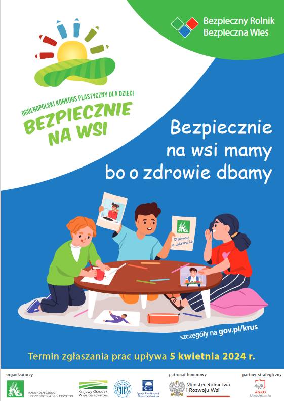 Kolorowy plakat promujący konkurs. Rysunkowe postacie dzieci siedzą przy stole, trzymają rysunki w rękach, rysują , treść w informacji 