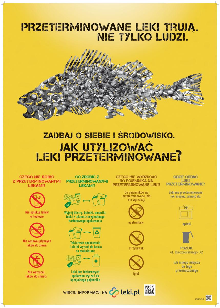 Ulotka Przeterminowane leki trują. Nie tylko ludzi. Pokazane na grafice co zrobić z lekami i gdzie je oddać. Pełna treść w informacji