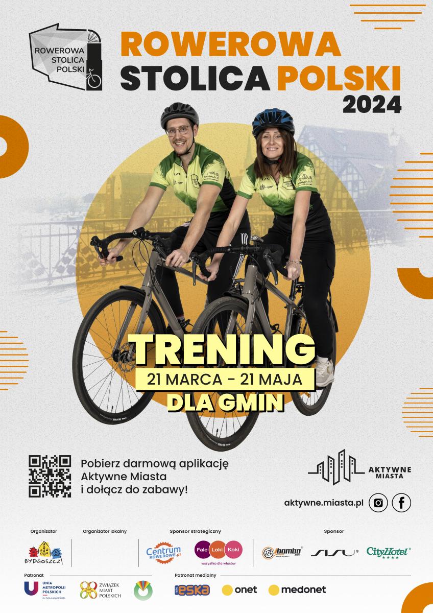 Plakat rowerowa stolica Polski. Dwoje rowerzystów 