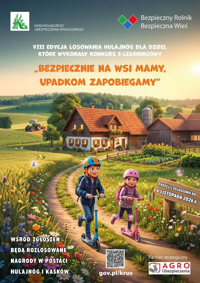 Plakat promujacy konkurs, rysowany orazek dzieci na hulajnogach, wt le traktor na polu, dom, treść dostępna w informacji 