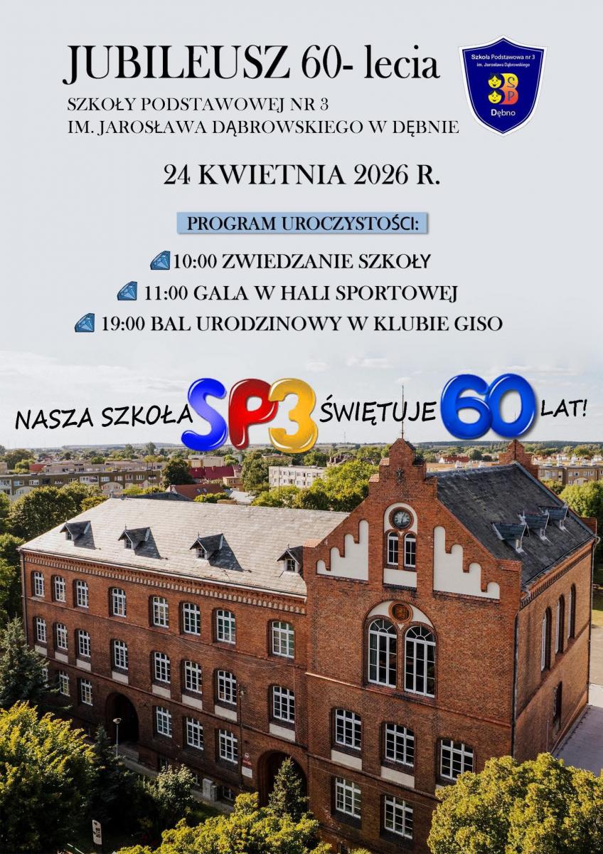 Plakat informujacy o jubileuszu. na zdjeciu budynke szkoły. Pełna treść w informacji 