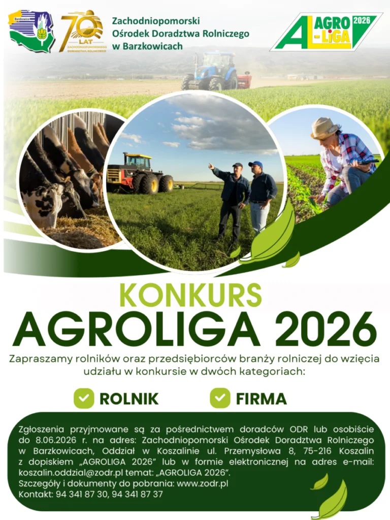 Plakat AgroLiga. Zdjecia rolnik&oacute;w, kr&oacute;w, maszyn rolniczych. Pełna treść w informacji 