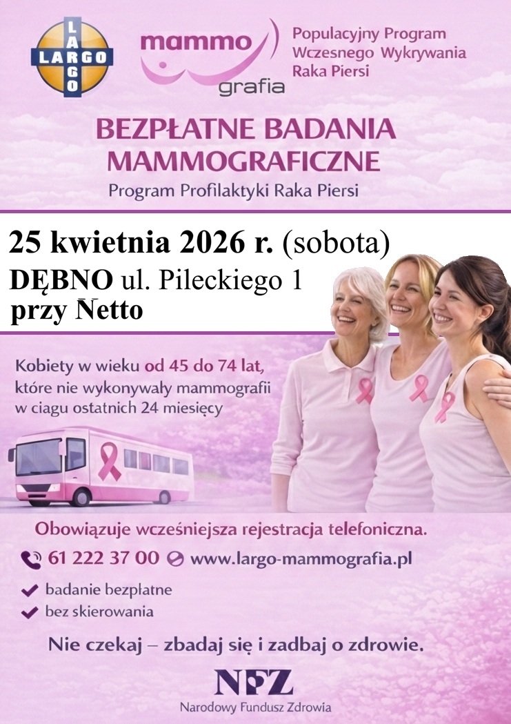 Plakat z zaproszeniem na mamografię. Pełna treść w informacji 