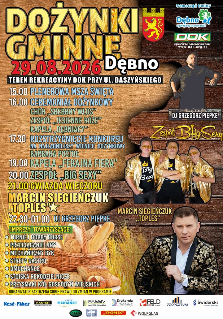 Plakat dożynki Gminne. data, program wydarzenia. Pełna treść dostępna w informacji 