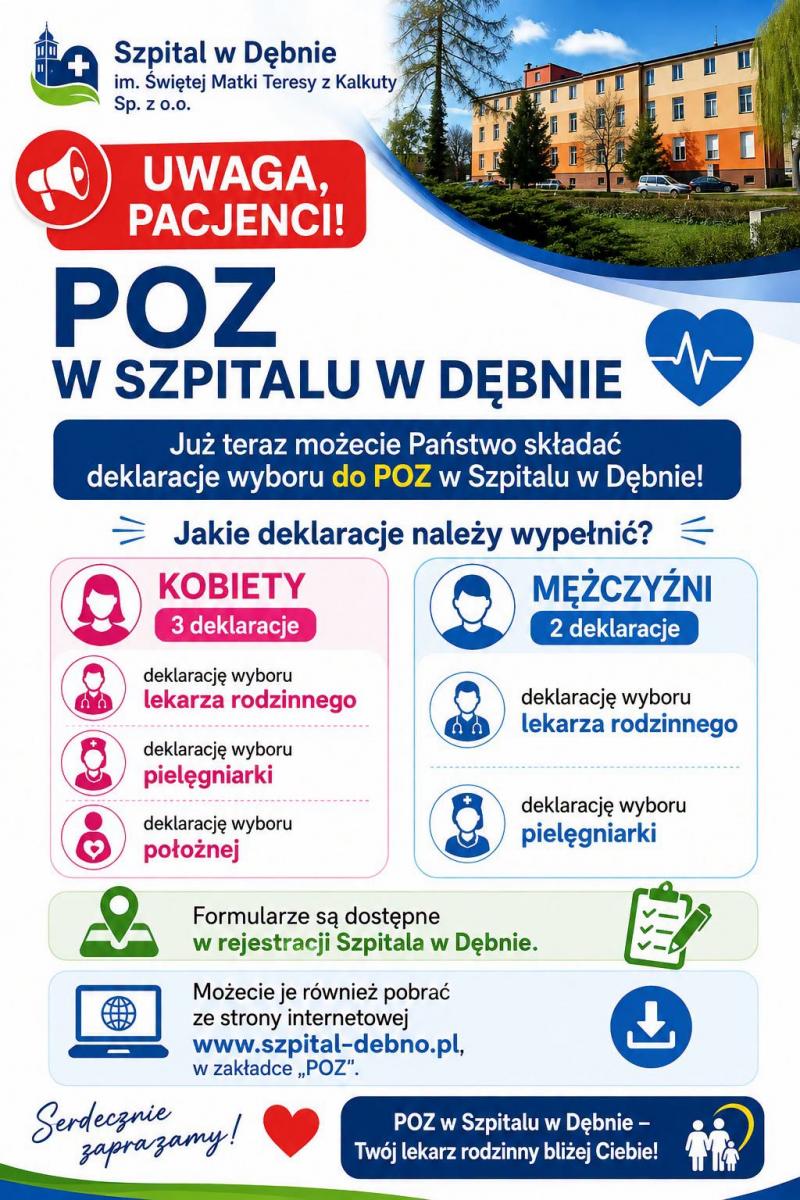 Plakat z informacją o POZ w Szpitalu Dębno i przyjmowaniu deklaracji. Pełna treść w informacji 