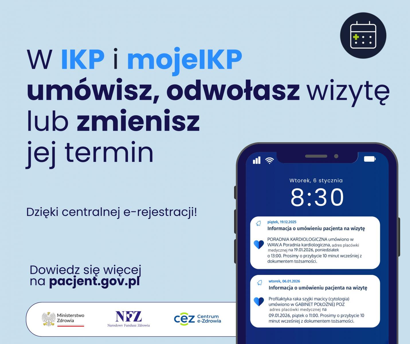 Grafika: napis W IKP i mojeIKP  ekran telefonu z wyświetloną aplikacją 