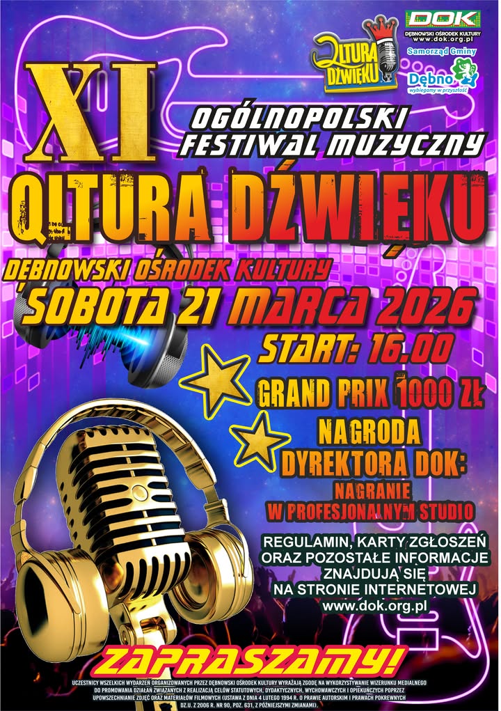 Kolorowy plakat , grafika mikrofon i słuchwaki, gwizdy, treść dostępna w informacji 