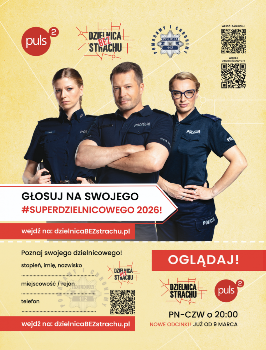 Plakat promujący konkurs. Zdjęcie aktor&oacute;w  i treść, kody QR