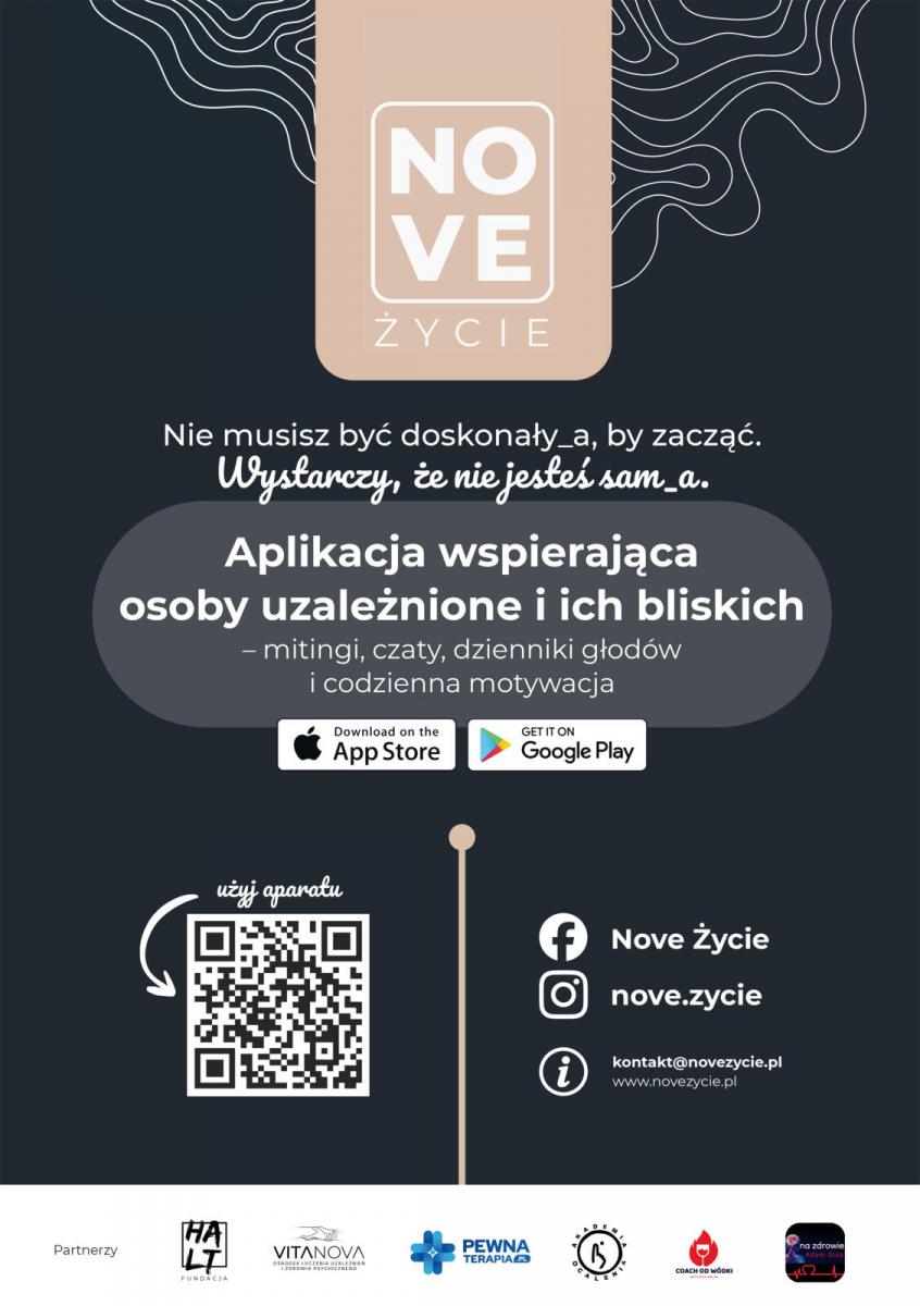 Plakat promuyjący aplikację, kod qr, treść dostępna w informacji 