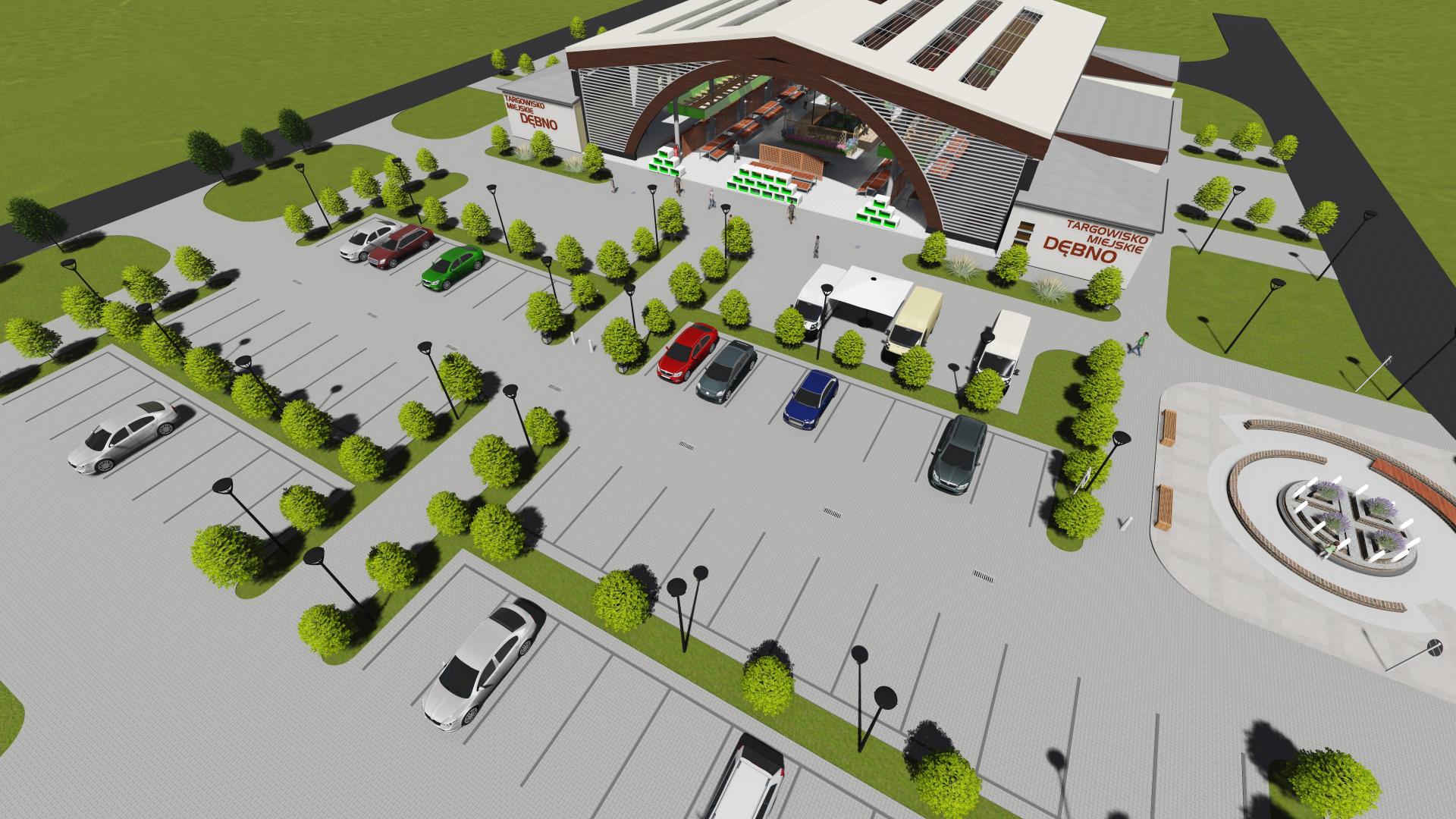 Wizualizacja komputerowa targowiska. Widok z g&oacute;ry z placem i budynkiem