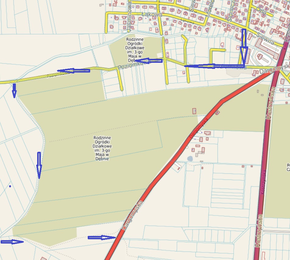 Mapka z zaznaczonym objazdem dla działkowc&oacute;w