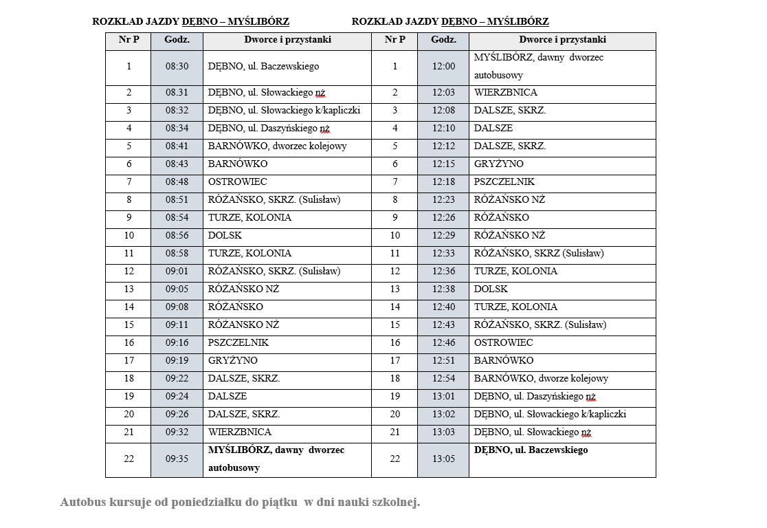 Rozkład jazdy Dębno - Myślib&oacute;rz 