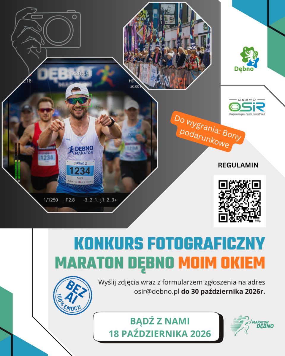 Plakat konkursu fotograficznego &bdquo;Maraton Dębno moim okiem&rdquo;. W tle zdjęcie uśmiechniętego biegacza  ramką wizjera aparatu, a obok mniejsze zdjęcie tłumu kibic&oacute;w. Po prawej stronie widoczny duży kod QR do regulaminu. Na plakacie znajdują się też logotypy Dębna, OSiR oraz Maratonu Dębno. Pełna treść w informacji 