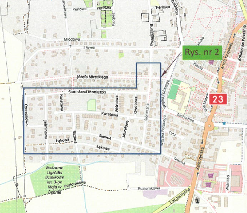 Mapa z zaznaczonym kwartałem ulic