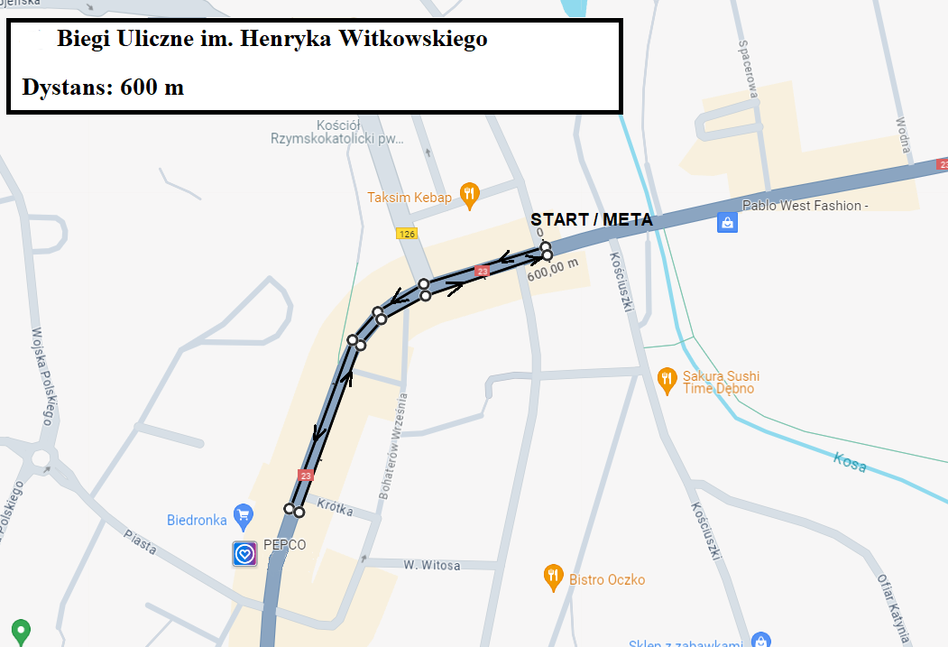 Mapa z zazaczoną trasą na 600 m