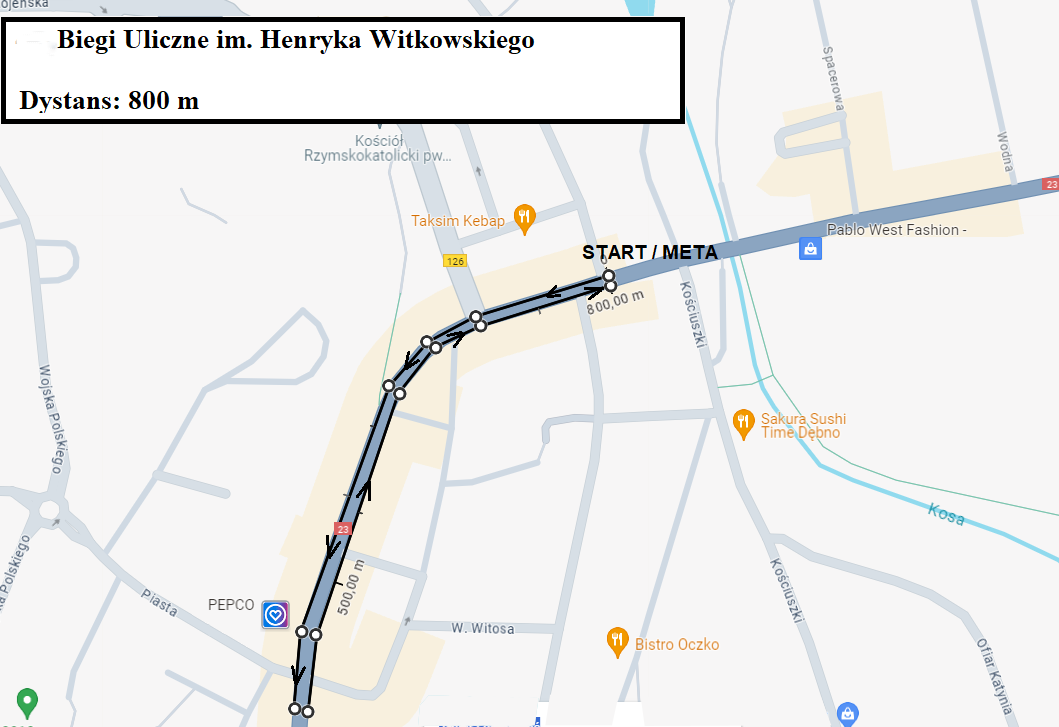 Mapa z zazaczoną trasą na 800 m