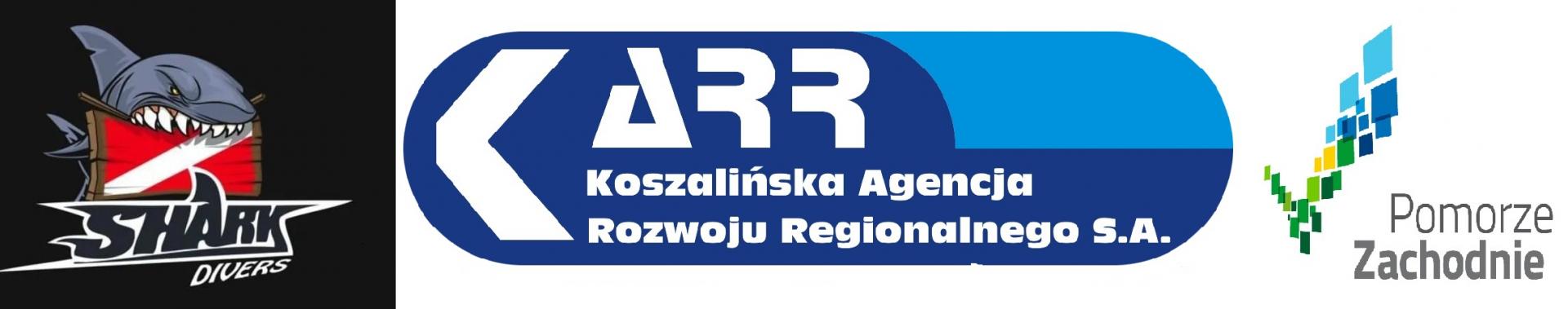 Ciąg logotypów: Shark Divers, KARR, Pomorze  Zachodnie 