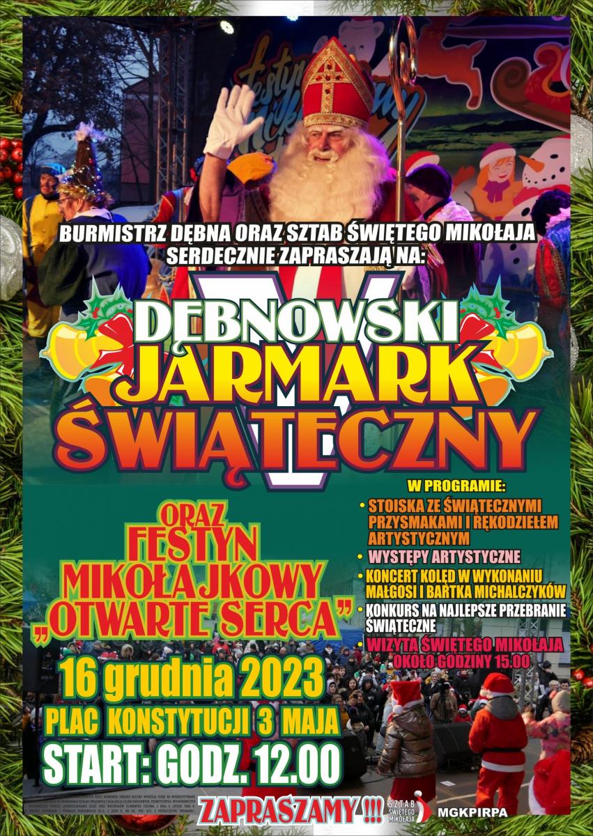 Powiększ plakat. Napis Dębnowski Jarmark świąteczny i festyn mikołajowy. Zdjęcie Mikołaja z Holandii i Czarnych Piotrusi