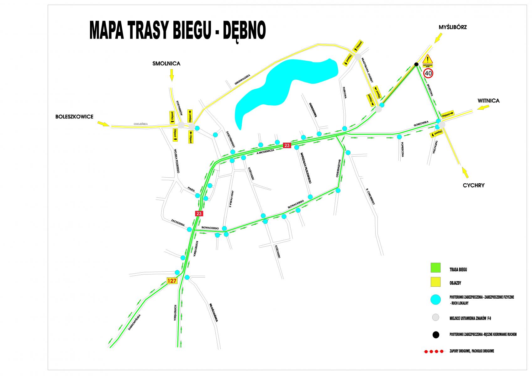 Mapa objazdów w Dębnie
