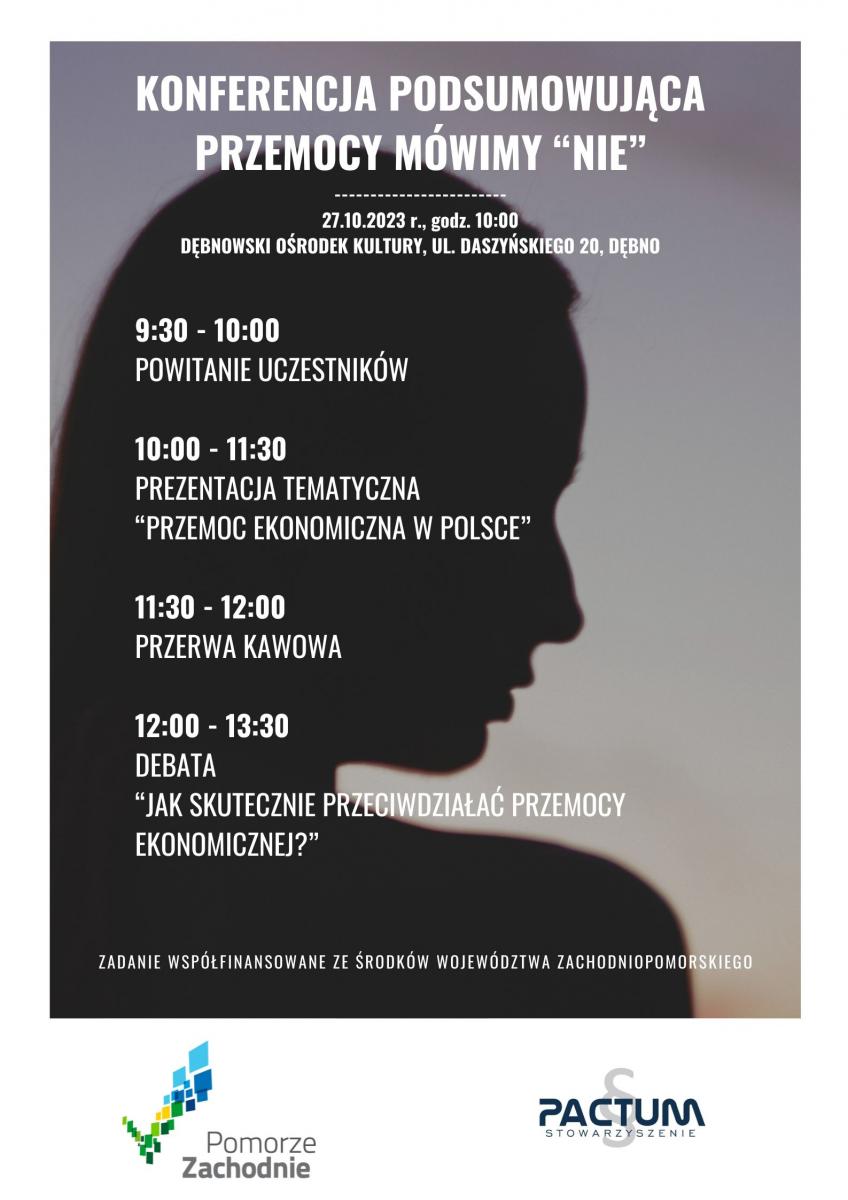 Plakat; na szarym tle czarna półpostać kobiety z profilu. Tytuł konferencji, miejsce, data i program. Pełna treść w informacji