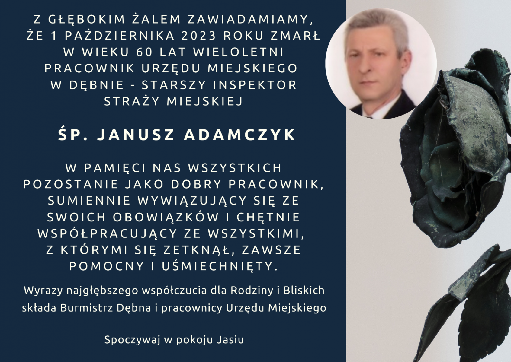 Treść kondolencji na granatowym tle. W kółu po prawej stronie zdjęcie Janusza. Ponizej grafika czarnej róży. Pełna treść w informacji