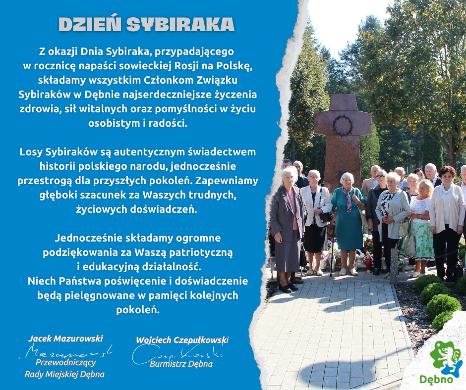 Kartka z życzeniami z okazji Dnia Sybiraka. Po prawej zdjecie ludzi przed pomniekim Sybiraka, po lewej życzenia. Pełna treść w informacji. 