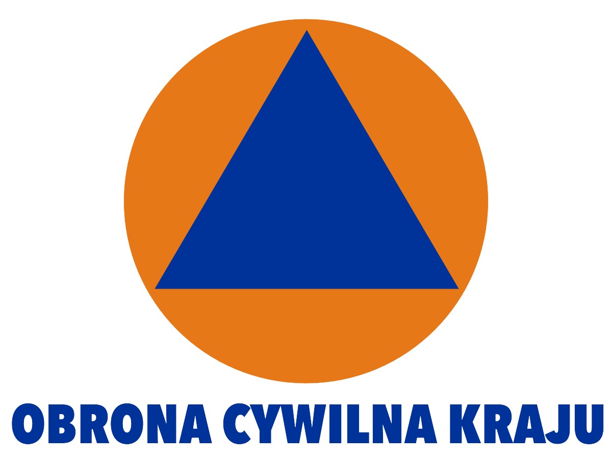 Logo Obrona Cywilna Kraju. Pomarańczowe kółko, w środku niebieski trójkąt